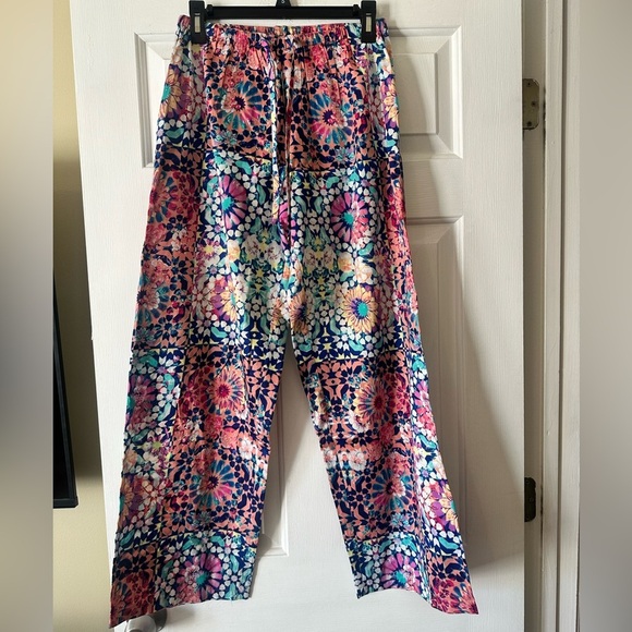 Anthropologie Kachel Pink and blue floral wide leg cotton boho pants, size small - Picture 1 of 5